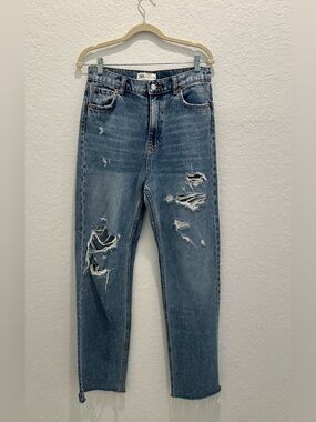 Zara High-Rise Distressed Jeans in Medium Blue